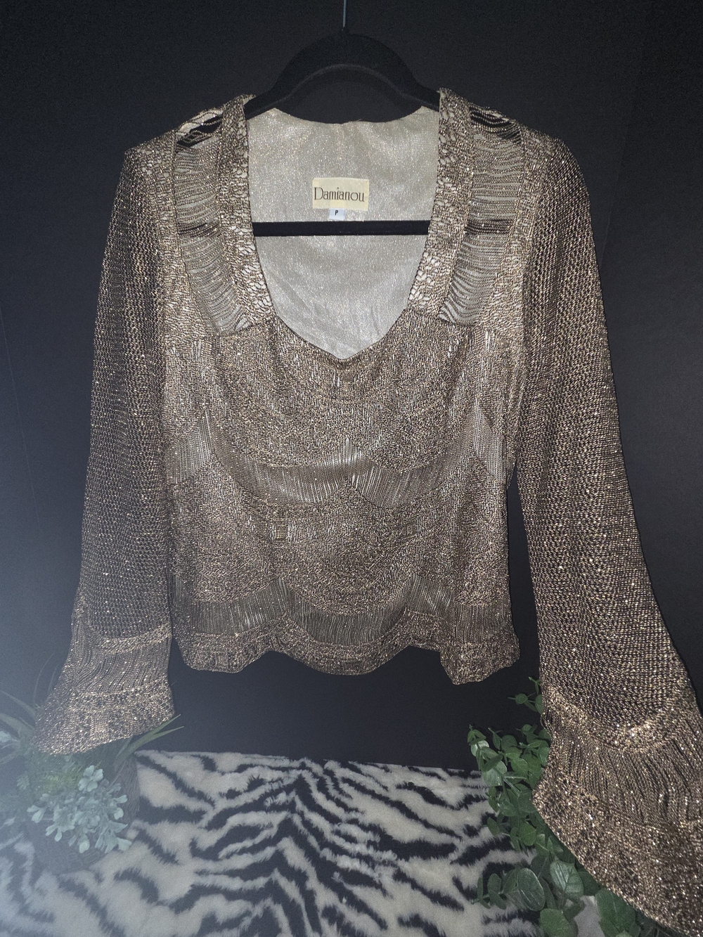 VTG Damianou Metallic Bronze Scoop Neck Knit Top, Size Petite